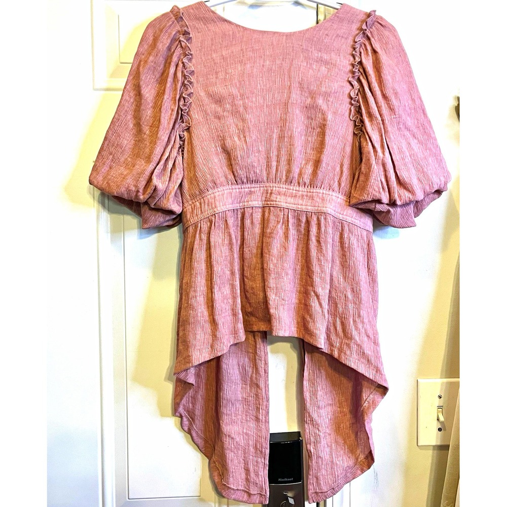 The Clothing Company Dusty Rose Puff Sleeve Open Tie Back Top S Cottagecore